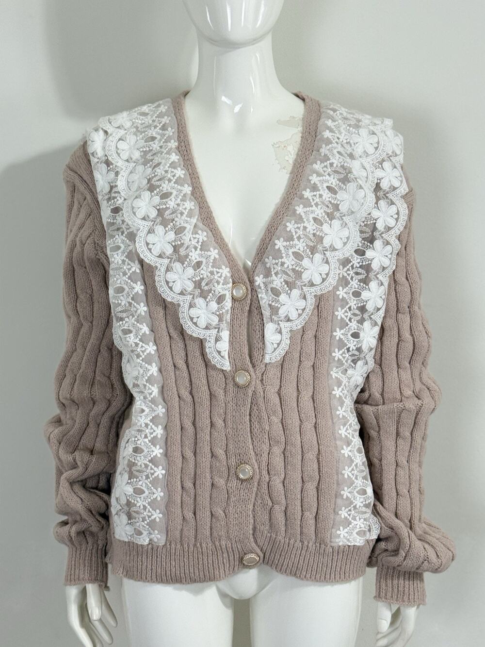 Vintage Cable Knit Cardigan Sweater Womens XXL Beige Lace Collar Grandmacore